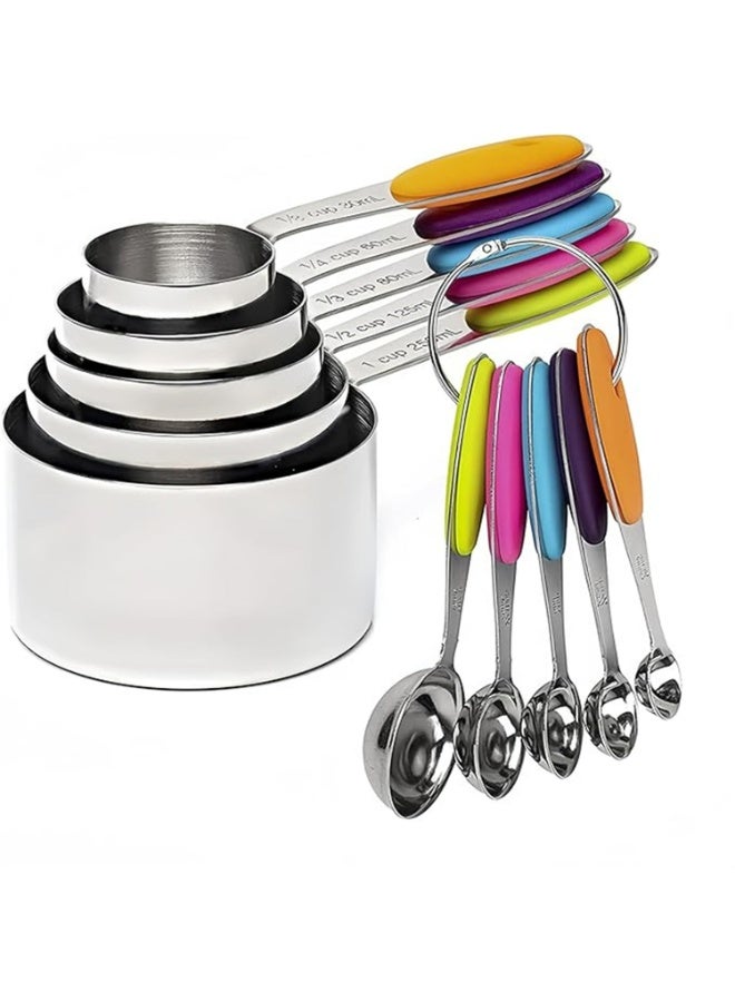 10-Piece Stainless Steel Measuring Cups and Spoons Set with Soft Touch Silicone Handles - Nesting Design for Accurate Dry & Liquid Ingredient Measurement - Image 1