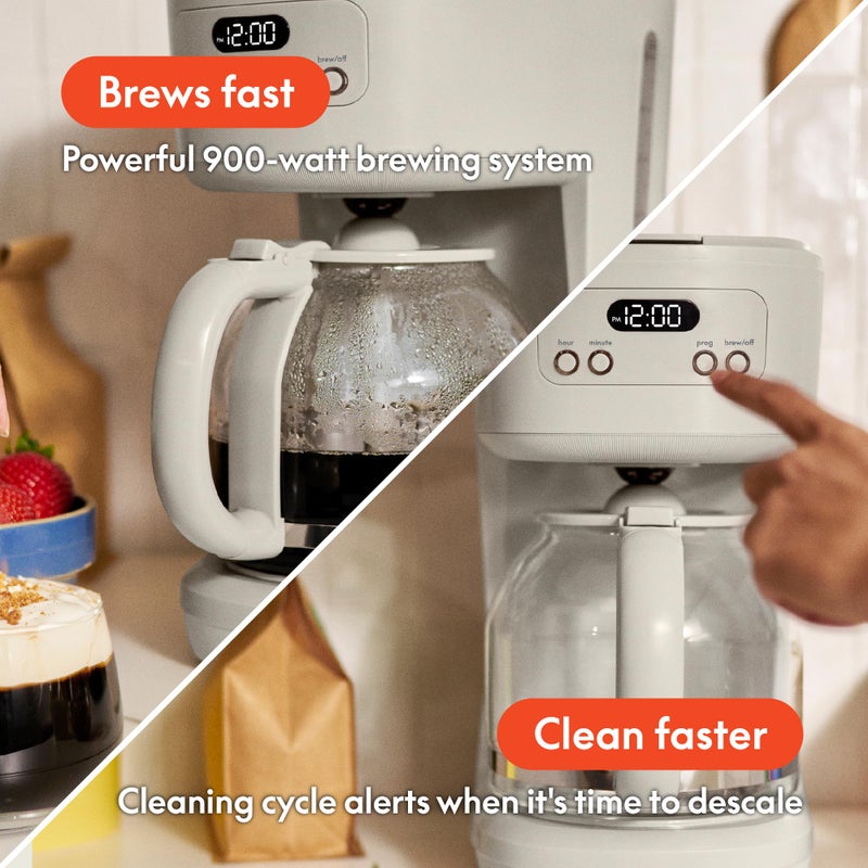 BELLA 12 Cup Programmable Coffee Marker, Reusable Dishwasher Safe Accessories, Easy LCD diaply, Auto Shutoff, 900 watt, Oatmilk - Image 3