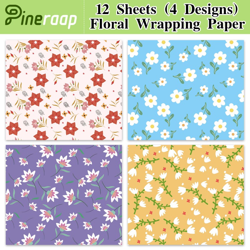 Pineraap 12 Sheets Floral Wrapping Paper Colorful Spring Flower Gift Wrap Paper Folded Flat Decorative Art Paper for Wedding Birthday Baby Shower Mother's Day Gift Packing, 19.7 x 27.6 Inch - Image 3
