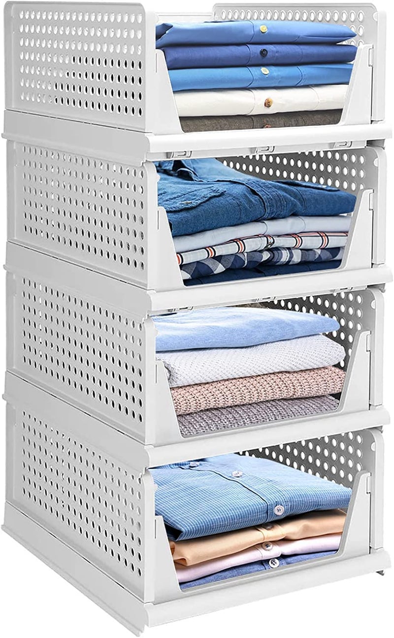 JEYANG Plastic Clothes Organizer For Wardrobe - Foldable And Stackable Closet Cupboard Almirah Space Organiser For Shirt, T Shirt, Jeans (Pack Of 4, White) - Image 1