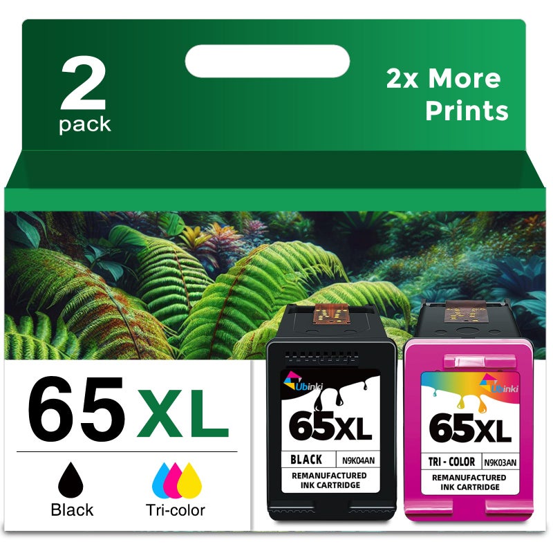 Ubinki 65XL Ink Cartridges Black/Color Combo Pack Replacement for HP Ink 65 HP65 XL HP65XL use for 5000 5055 3755 3700 3772 3722 2600 2622 3752 2652 2655 2640 5052 5010 Printer High Yield (2 Pack) - Image 1
