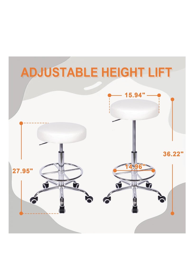 Generic Round Swivel Chair with Footrest and Wheels Easy Assembly PU Leather Adjustable Height for Salon Spa Office Medical Beauty Lab White 2 Piece Set - Image 3