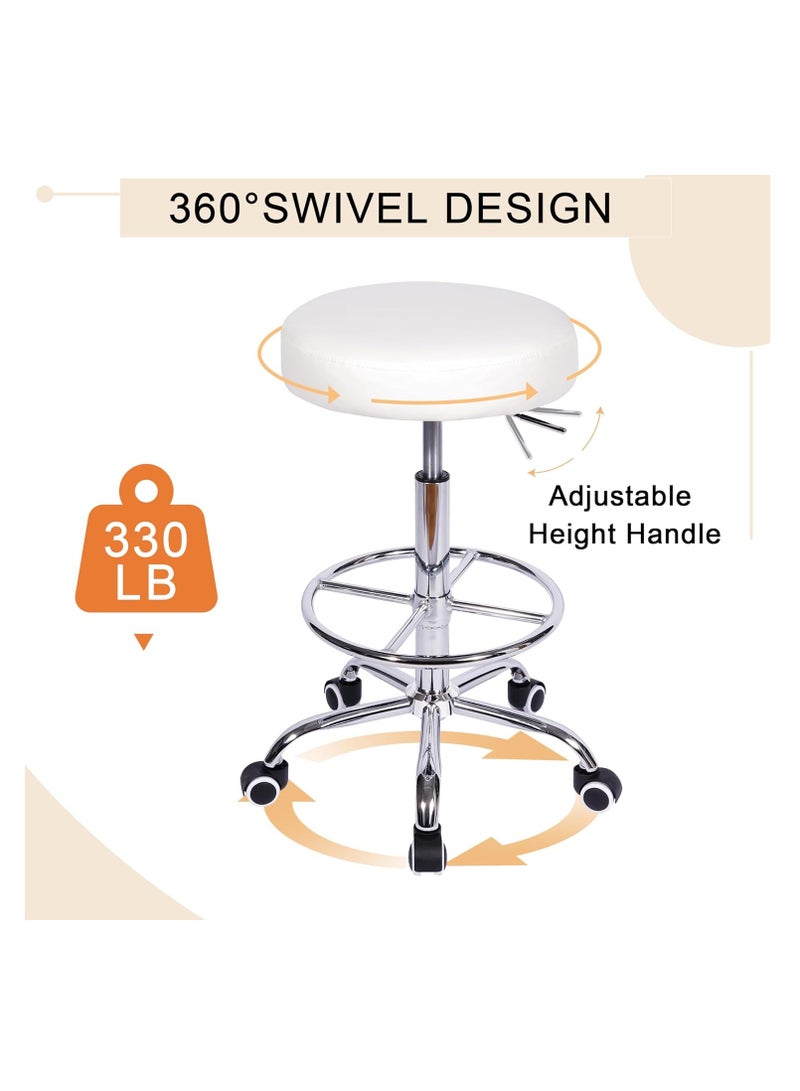 Generic Round Swivel Chair with Footrest and Wheels Easy Assembly PU Leather Adjustable Height for Salon Spa Office Medical Beauty Lab White 2 Piece Set - Image 4