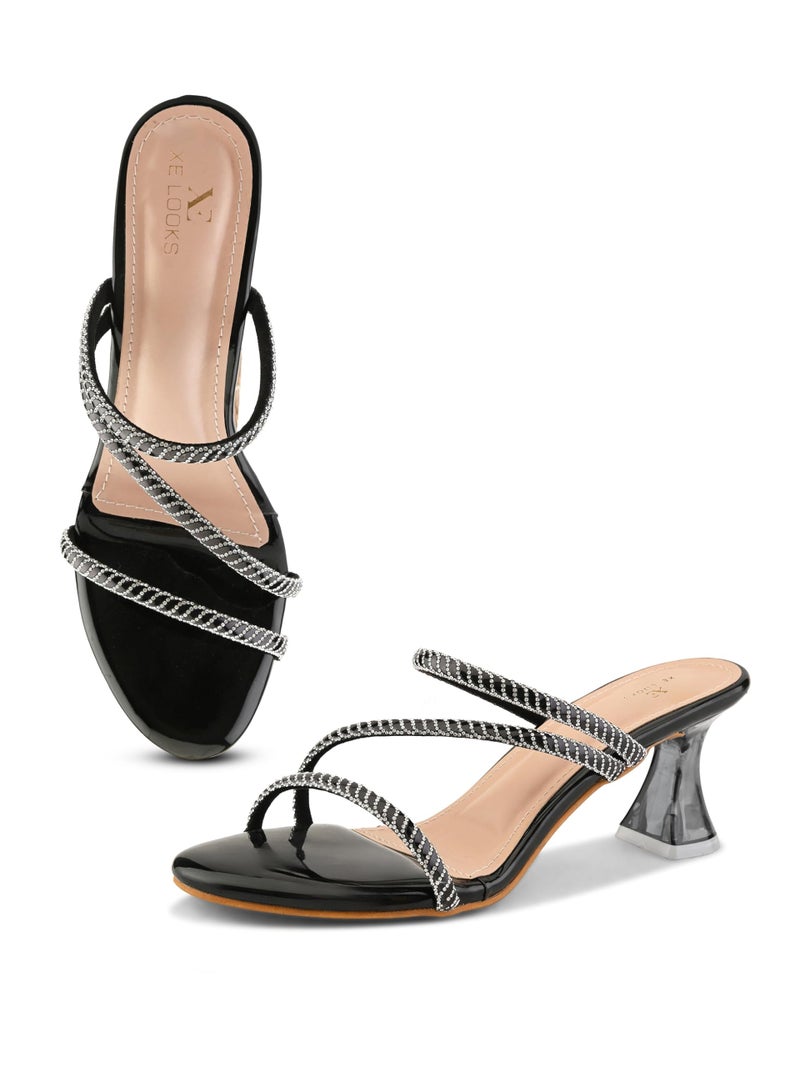 XE Looks Black Heels for Women | Glossy Finish | Criss-Cross Silver Embellished Straps | Comfortable Block Heel Sandals for Girls - Image 1