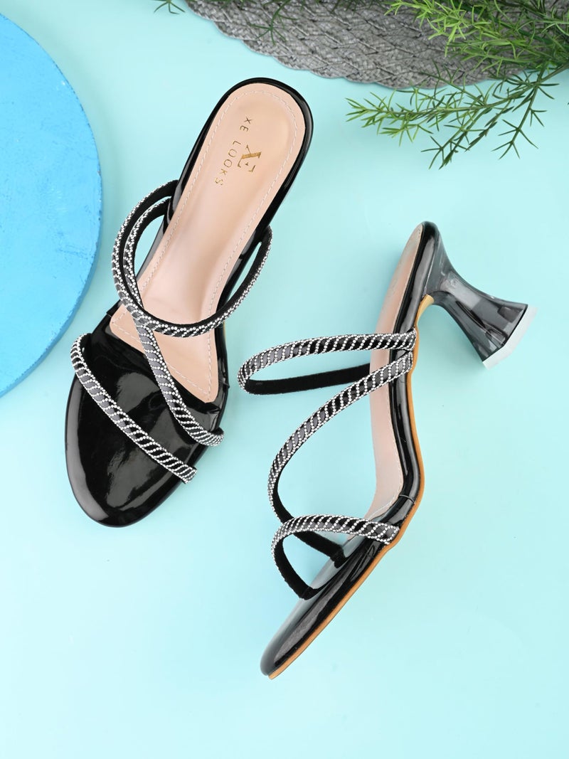 XE Looks Black Heels for Women | Glossy Finish | Criss-Cross Silver Embellished Straps | Comfortable Block Heel Sandals for Girls - Image 2