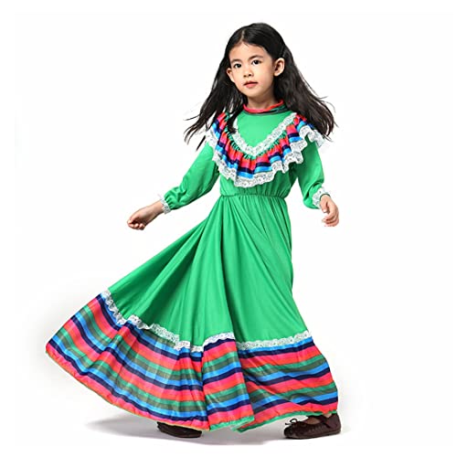 CAFELE Girls Mexican Traditional Dress National Style Princess Dress Halloween Carnival Birthday Party Dress (Green, X-Small) - Image 2