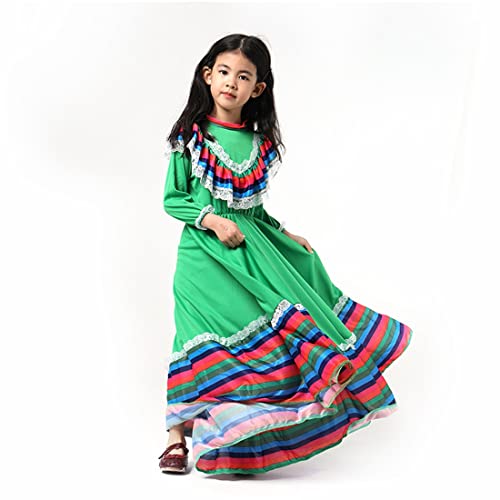 CAFELE Girls Mexican Traditional Dress National Style Princess Dress Halloween Carnival Birthday Party Dress (Green, X-Small) - Image 3