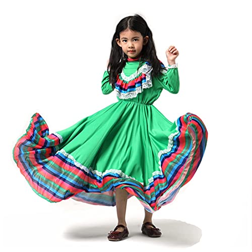 CAFELE Girls Mexican Traditional Dress National Style Princess Dress Halloween Carnival Birthday Party Dress (Green, X-Small) - Image 1