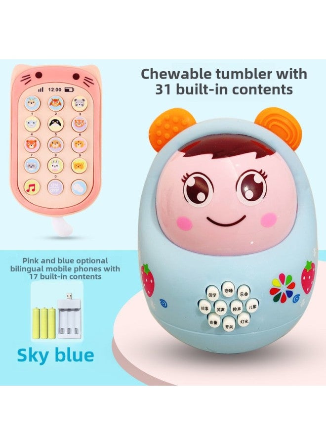 Tumbler Small Toy Toy Baby 6 To 12 Months Over 3 Educational Children Children 0-1 12 Years Old Early Education 8-Color:Male Treasure Tooth Gum Tumbler + Tooth Gum Bilingual Mobile Phone-Specifications:Battery Package - Image 1