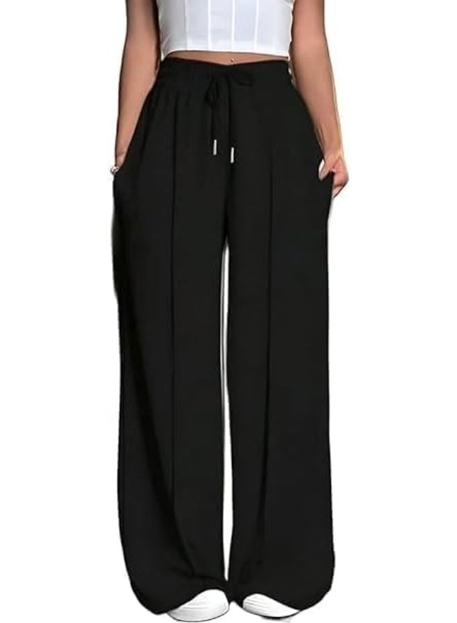 Hanady Women's High Waisted Elastic Waist Trousers with Drawstring Wide Leg Side Pockets Comfortable for Home and Outing (7080)M - Image 3