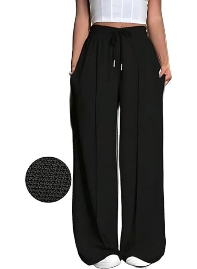 Hanady Women's High Waisted Elastic Waist Trousers with Drawstring Wide Leg Side Pockets Comfortable for Home and Outing (7080)M - Image 2
