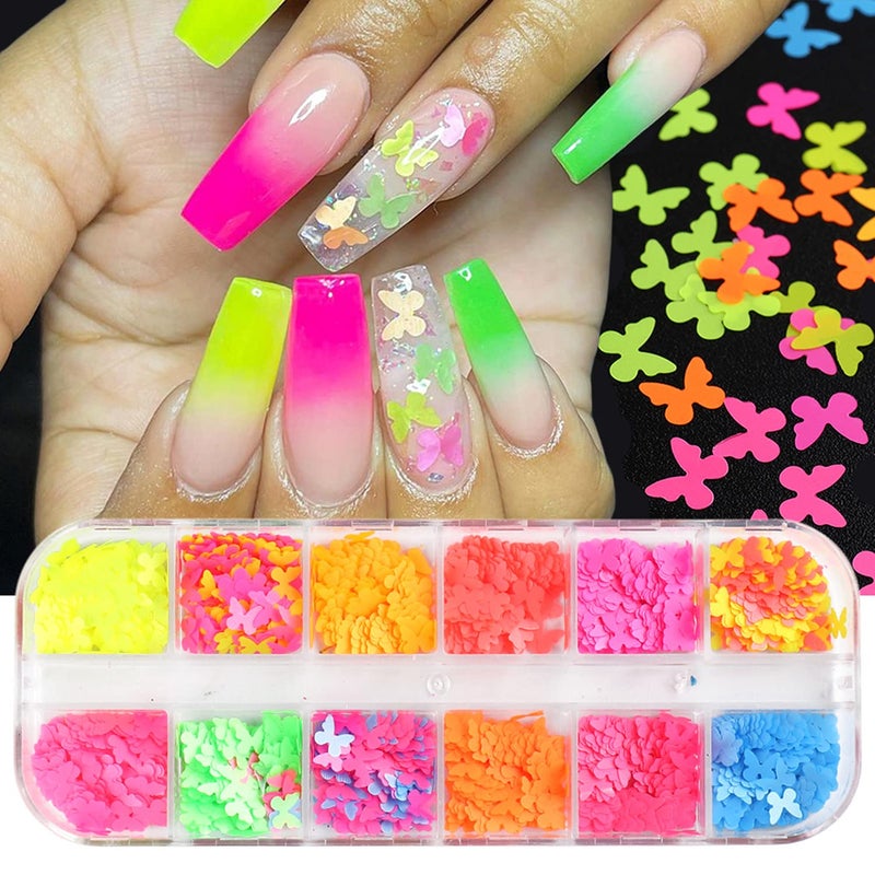 Luminous Butterfly Nail Art Sequins 3D Butterflies Fluorescence Glitter Flakes12 Colors Holographic Butterfly Shiny Design Decoration Colorful Confetti Sparkle Supplies Nails Art Accessories