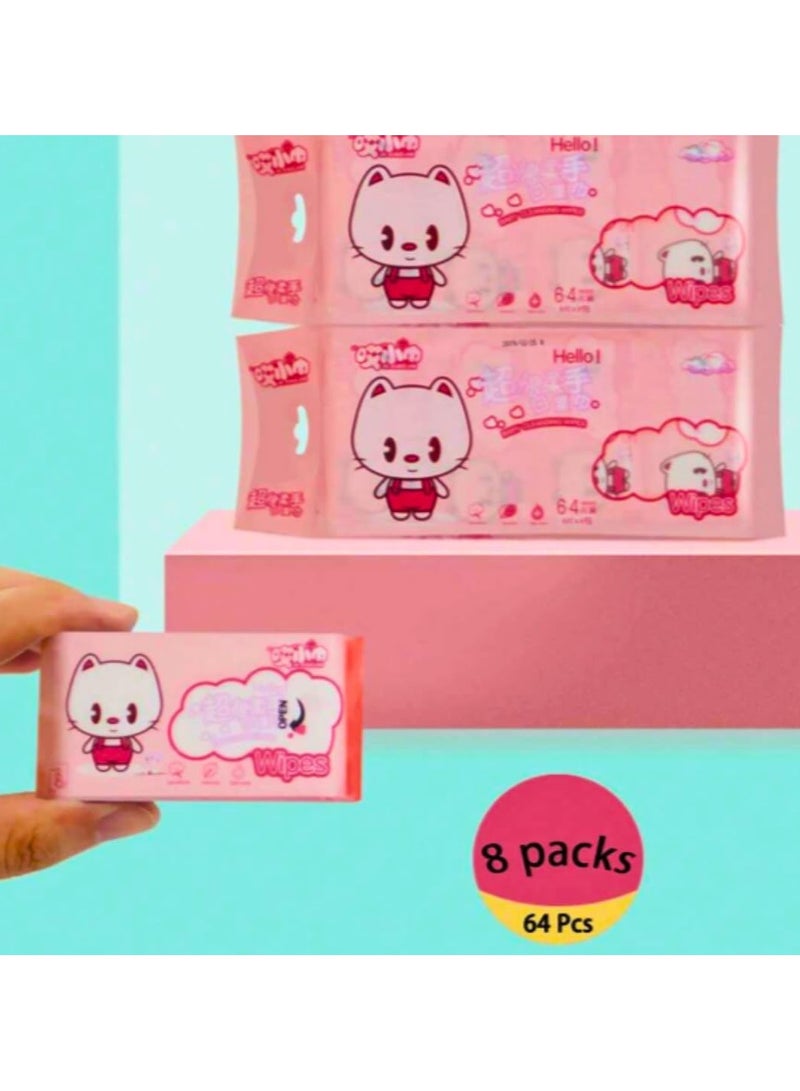 Pack of 8 Soft Hand and Mouth Cleaning Mini Wet Wipes, Chemical-Free and Fragrance-Free, Cartoon Design, Portable Wipes for Hands, Face, Utensils, Ideal for Travel, School and Home Use - Image 4