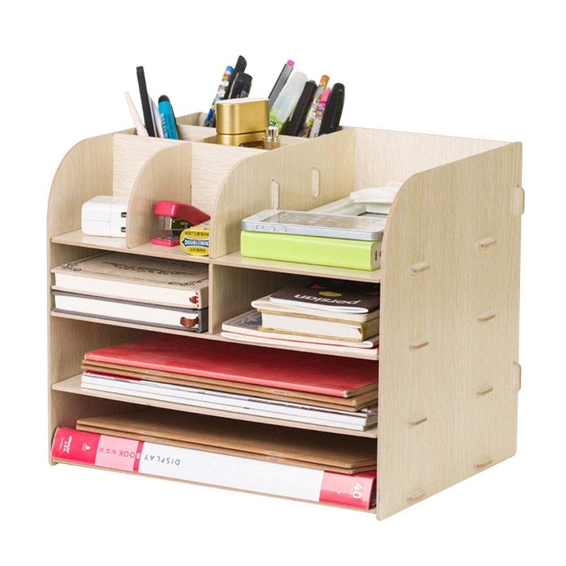 ITODA Office Multi-Functional Desk Organiser Storage Rack Wooden Stationary Desk Tidy Desktop Business Card Pen Mobile Phone Remote Control Holder Storage for Home Office Supplies (Color B)