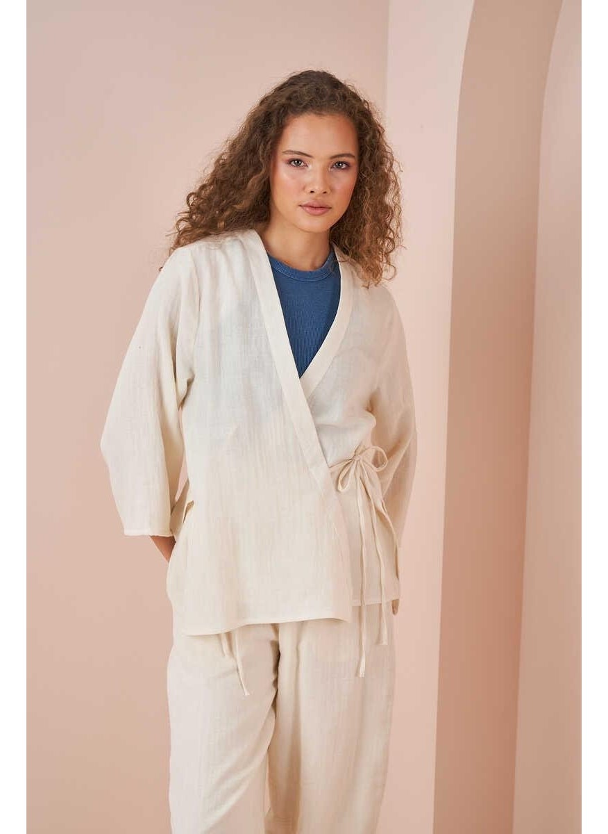 Mevra Double Breasted Kimono Muslin Blouse Ecru  - Image 3