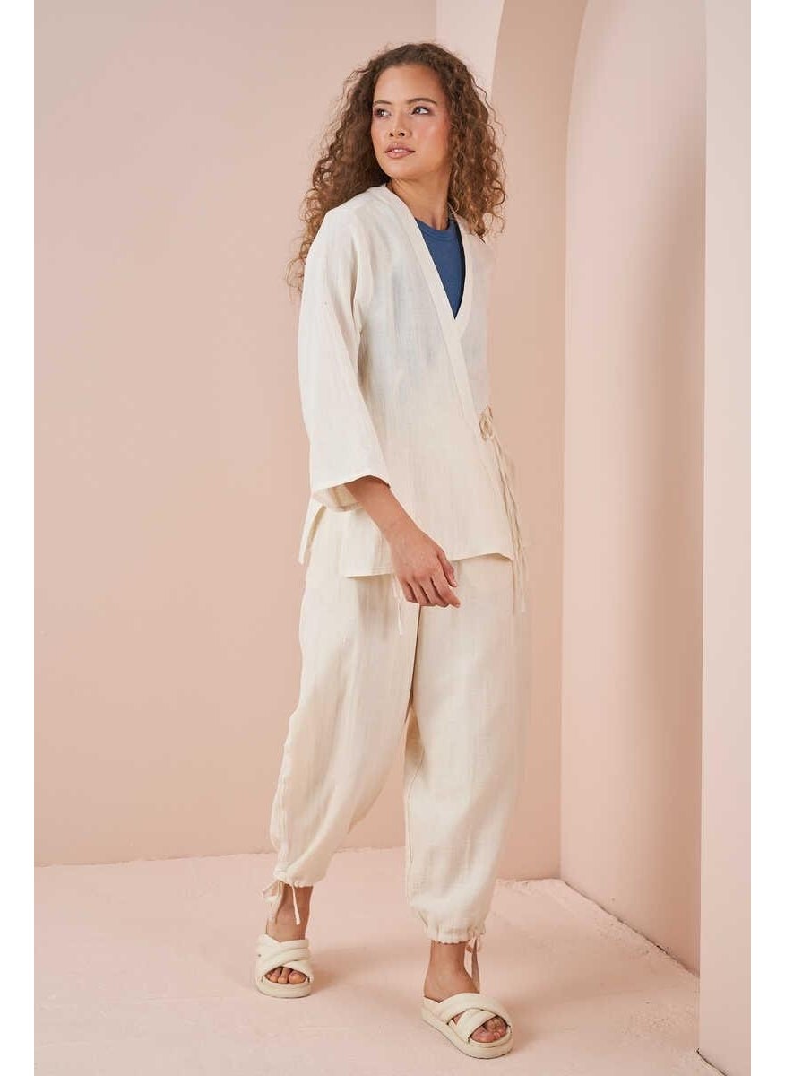 Mevra Double Breasted Kimono Muslin Blouse Ecru  - Image 2