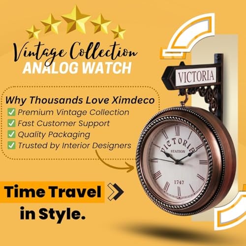 Ximdeco® Golden Plastic Wooden Pattern Replica Dual Side Victoria Station Analog Wall Clock Hanging Style Platform Railway Clock Home Decor (Copper) (Length 33 cm, Width 10 cm) - Image 5
