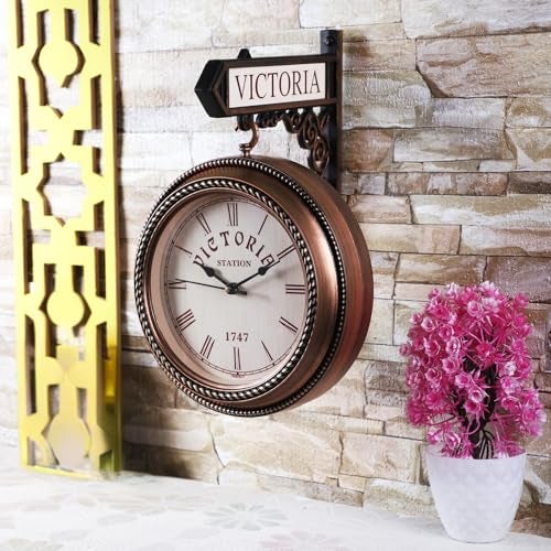 Ximdeco® Golden Plastic Wooden Pattern Replica Dual Side Victoria Station Analog Wall Clock Hanging Style Platform Railway Clock Home Decor (Copper) (Length 33 cm, Width 10 cm) - Image 1