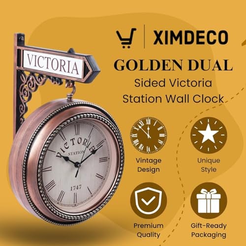 Ximdeco® Golden Plastic Wooden Pattern Replica Dual Side Victoria Station Analog Wall Clock Hanging Style Platform Railway Clock Home Decor (Copper) (Length 33 cm, Width 10 cm) - Image 3