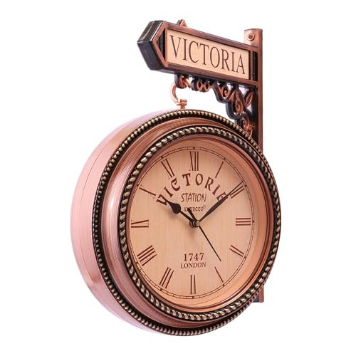Ximdeco® Golden Plastic Wooden Pattern Replica Dual Side Victoria Station Analog Wall Clock Hanging Style Platform Railway Clock Home Decor (Copper) (Length 33 cm, Width 10 cm) - Image 2