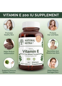 Natural Nutra Dalpha Tocopherol Vitamin E 200 Iu Supplement For Skin Hair And Nails Promotes Heart Health Face Elasticity And Scar Repair Gluten Free 60 Softgels  - Image 4