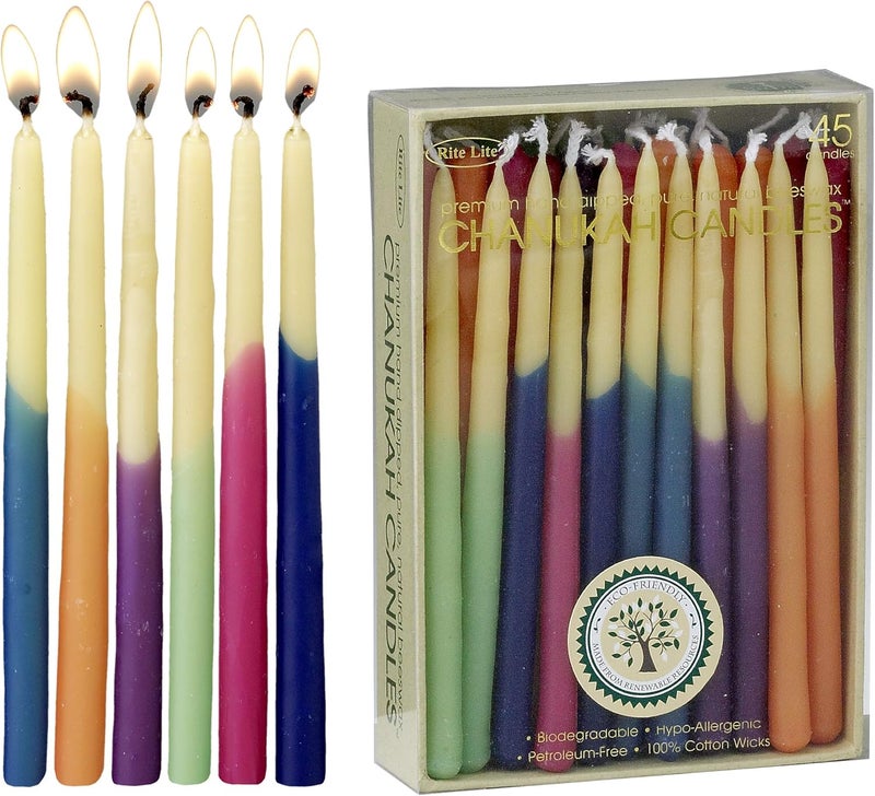 Rite Lite Premium Dripless Multicolor Hanukkah Candles - Colorful Bulk Pack of 45 - Decorative & Fits Most Menorahs Jewish Holiday Party Favors Accessories Decorations for All 8 Nights of Chanukah - Image 1