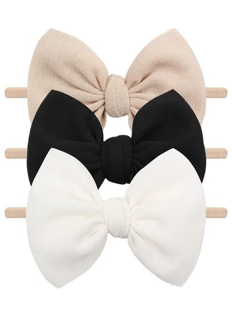 3Pcs Nylon Baby Girls Headbands, Newborn Bows Elastic Hairbands, Big Bows Children Hairbands, Stretchy Soft Hair Accessories for Infant, Toddlers, Kids(Beige Black White) - Image 1