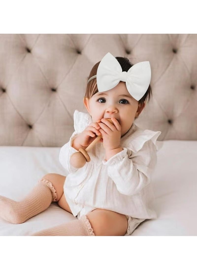 3Pcs Nylon Baby Girls Headbands, Newborn Bows Elastic Hairbands, Big Bows Children Hairbands, Stretchy Soft Hair Accessories for Infant, Toddlers, Kids(Beige Black White) - Image 4