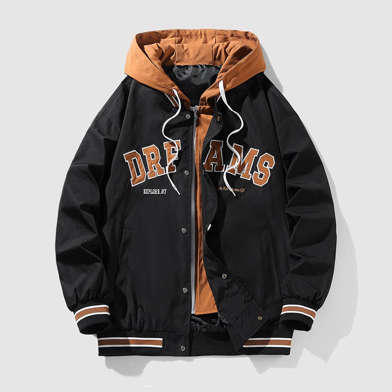 Cross-border Autumn and Winter New Fashion Brand Jacket Mens Fashion Korean Style Loose plus size cotton and thickening Hooded Fake Two-piece Jacket Black - Image 5