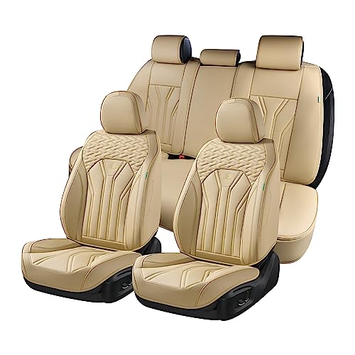 FLORICH Leather Seat Covers, Seat Covers Full Set, Car Seat Protectors 5 Seats, Automotive Seat Covers Fit for Most Cars Trucks-Beige - Image 1