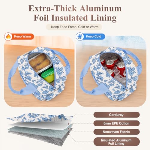 KUBYA Lunch Bag Lunch Box for Women, Cute Corduroy Insulated Reusable Work Leakproof Simple Adults Flower Large Lunch Boxes Tote Bag Men Cooler Bag - Image 2