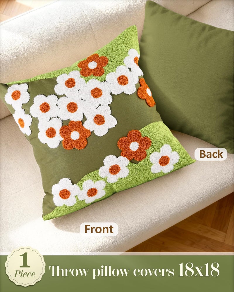 Kokaaee Embroidered Throw Pillow Cover - 18x18 Decorative Pillow Cover with Zipper Aesthetic Cute Design Boho Spring Summer Cozy Throw Pillowcase for Living Room Couch Sofa Bed, Green Flowers - Image 4