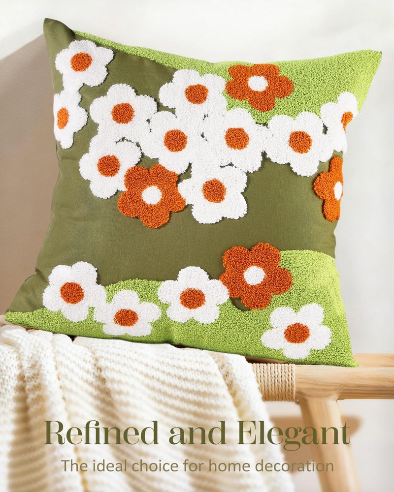 Kokaaee Embroidered Throw Pillow Cover - 18x18 Decorative Pillow Cover with Zipper Aesthetic Cute Design Boho Spring Summer Cozy Throw Pillowcase for Living Room Couch Sofa Bed, Green Flowers - Image 5