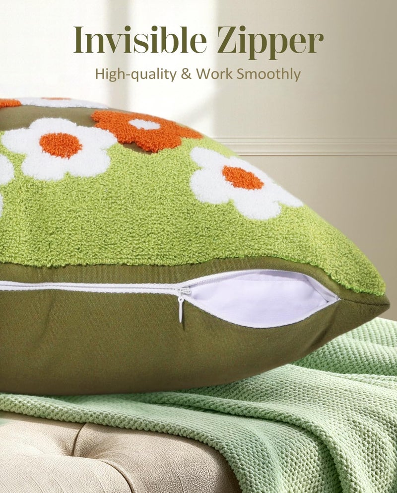 Kokaaee Embroidered Throw Pillow Cover - 18x18 Decorative Pillow Cover with Zipper Aesthetic Cute Design Boho Spring Summer Cozy Throw Pillowcase for Living Room Couch Sofa Bed, Green Flowers - Image 3