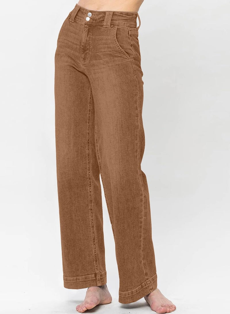Astylish Womens Jeans Trendy Fall 2025 Wide Leg Jeans Woman Tummy High Waist Double Button Bootcut Trousers Stretchy Vintage Denim Jean Pants Brown Size 10 - Image 2