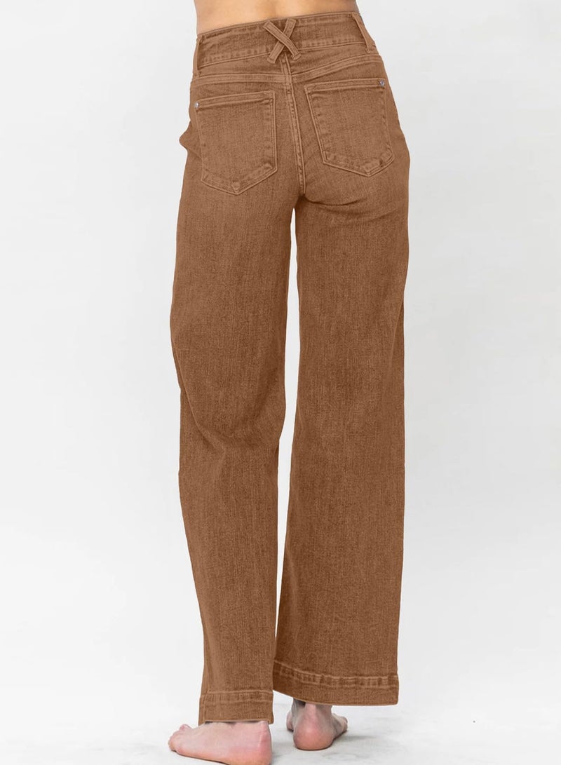 Astylish Womens Jeans Trendy Fall 2025 Wide Leg Jeans Woman Tummy High Waist Double Button Bootcut Trousers Stretchy Vintage Denim Jean Pants Brown Size 10 - Image 3