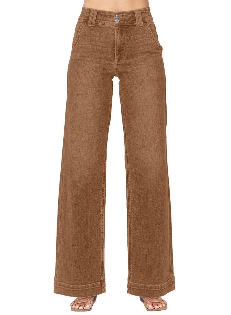 Astylish Womens Jeans Trendy Fall 2025 Wide Leg Jeans Woman Tummy High Waist Double Button Bootcut Trousers Stretchy Vintage Denim Jean Pants Brown Size 10 - Image 1