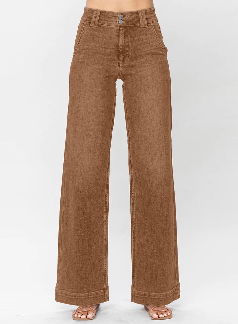 Astylish Womens Jeans Trendy Fall 2025 Wide Leg Jeans Woman Tummy High Waist Double Button Bootcut Trousers Stretchy Vintage Denim Jean Pants Brown Size 10 - Image 4