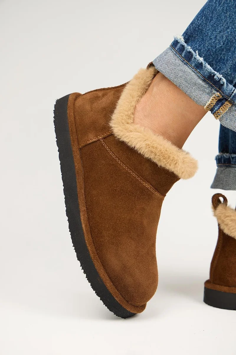 Manijero Manijero Cora Women's Genuine Leather Mini Tan Boots with Fur Detail