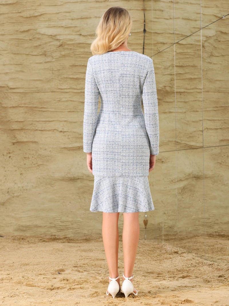 Hobemty Women's Tweed Dress 2025 Long Sleeve Wedding Cocktail Bodycon Fishtail Dresses X-Large Light Blue - Image 5