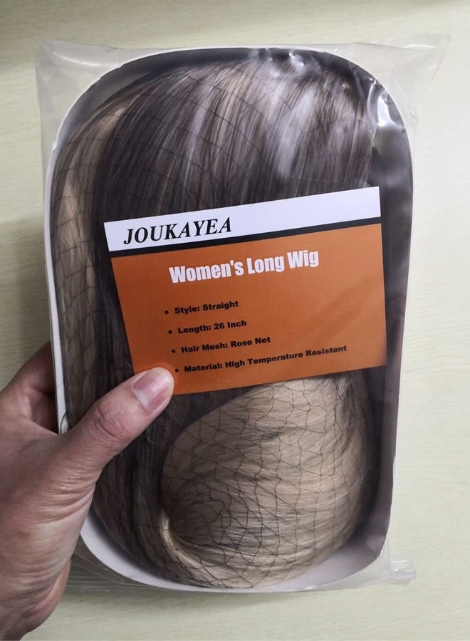 Long Ombre Brown Blonde Wig for White Black Women, Synthetic Straight Highlight Dirty Blond Wig with Dark Roots, Golden Hispanic Ladies Realistic Natural Looking Hair Replacement Wigs