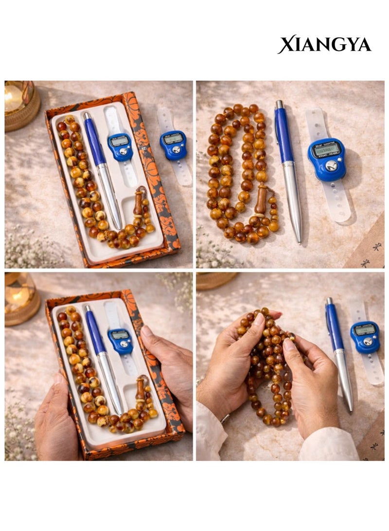 XIANGYA Prayer Beads Tasbih Set with Counter & Pen – 33 Beads Islamic Tasbih with Tassel, Bead Counter Ring and Writing Pen, Religious Gift Set for Daily Dhikr - Image 4