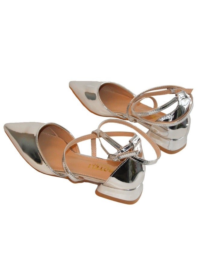 BOTELI أحذية نسائية فضية مدببة بكعب منخفض مقاس 36-41 مع حزام متقاطع - Image 3