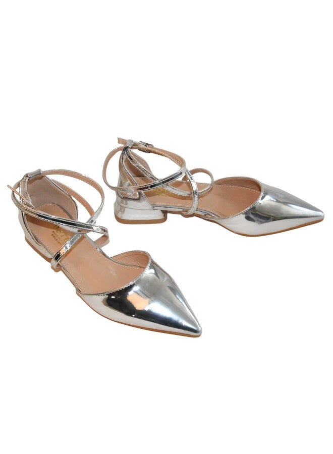 BOTELI أحذية نسائية فضية مدببة بكعب منخفض مقاس 36-41 مع حزام متقاطع - Image 1