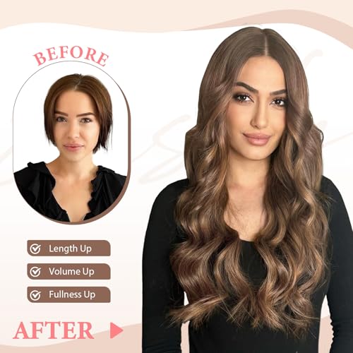 Fliace Clip in Long Wavy Synthetic Hair Extensions 20 Inch Brown with Caramel Highlights 6PCS Thick Hairpieces Fiber Double Weft Hair for Women - Image 2