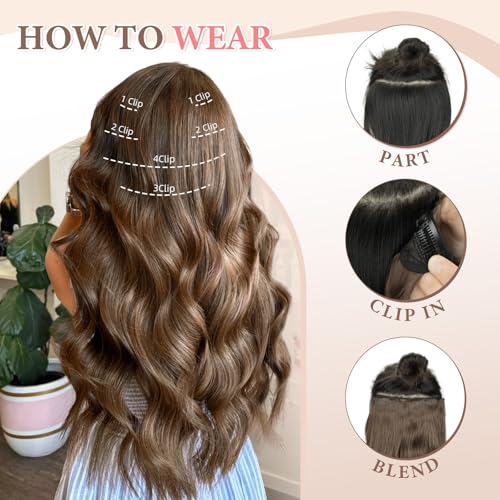 Fliace Clip in Long Wavy Synthetic Hair Extensions 20 Inch Brown with Caramel Highlights 6PCS Thick Hairpieces Fiber Double Weft Hair for Women - Image 4