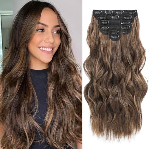 Fliace Clip in Long Wavy Synthetic Hair Extensions 20 Inch Brown with Caramel Highlights 6PCS Thick Hairpieces Fiber Double Weft Hair for Women - Image 1