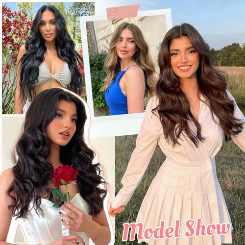 Fliace Clip in Long Wavy Synthetic Hair Extensions 20 Inch Brown with Caramel Highlights 6PCS Thick Hairpieces Fiber Double Weft Hair for Women - Image 3
