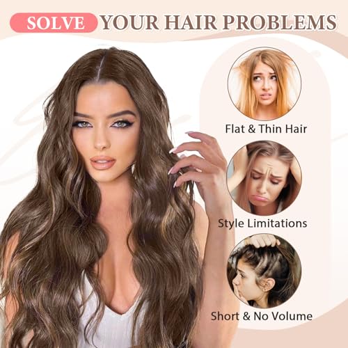 Fliace Clip in Long Wavy Synthetic Hair Extensions 20 Inch Brown with Caramel Highlights 6PCS Thick Hairpieces Fiber Double Weft Hair for Women - Image 5