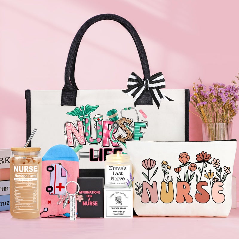 DOGMEM Nurse Gifts Nurse Appreciation Gift Set for Women Birthday Gift for Nurses Week Nurses Graduation Gifts for Her, Nursing Student with Canvas Bag Socks Affirmations Cards 16 Oz Can Glass - Image 2